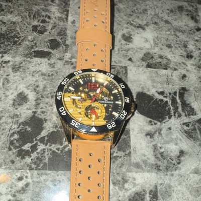 FORSINING Automatic Skeleton Wristwatch Beige Leather Band Gold Case