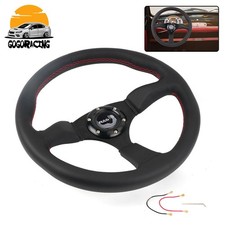 14 Inch 350mm Genuine Leather Deep Dish Racing Car Steering Wheel W Red Stitch