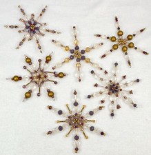 Christmas Snowflake Ornament Set Of 6 Glass Beaded Neutral Gold Bronze 4-6  
