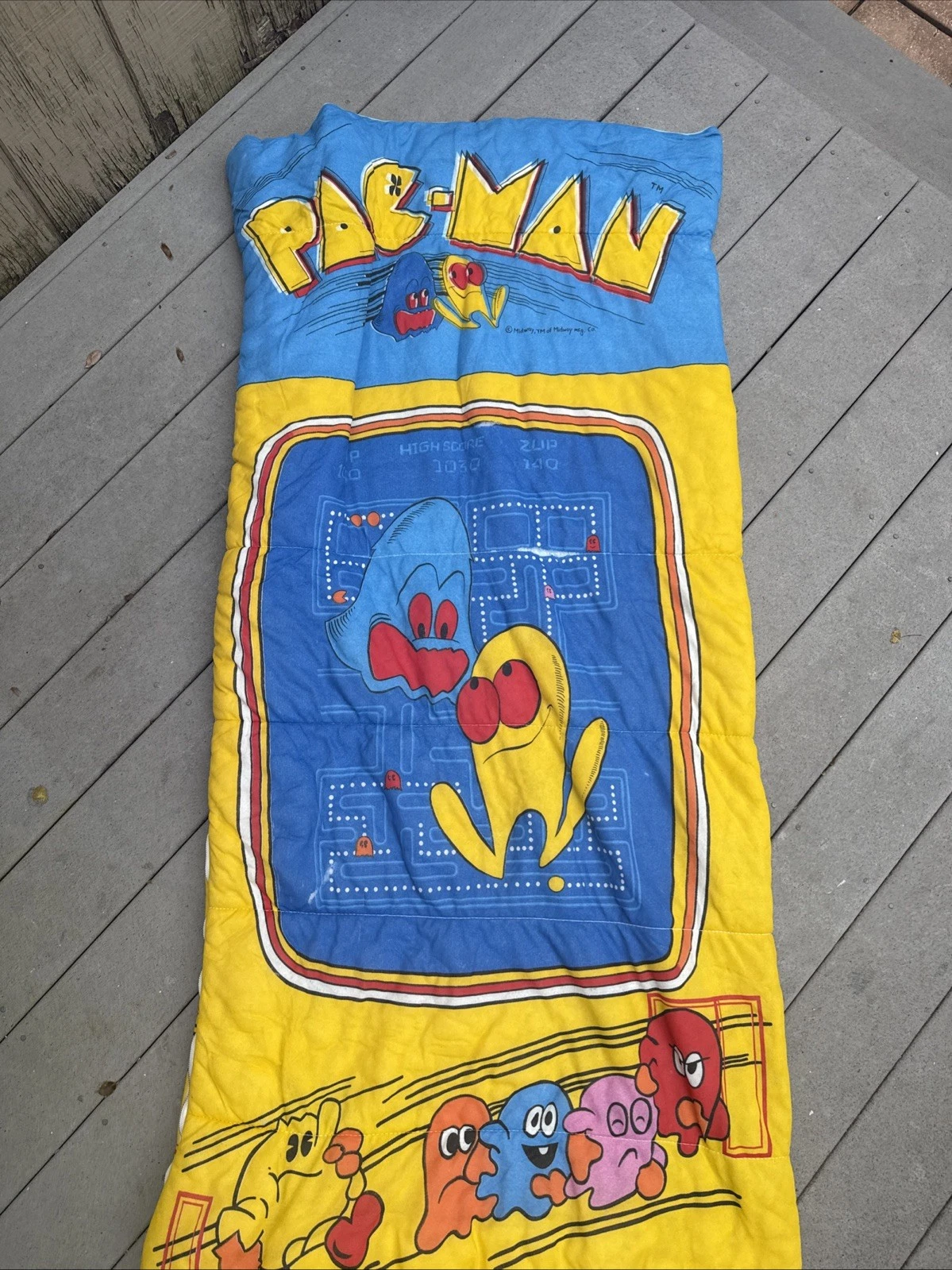 Vintage Pac man Video Game Sleeping Bag Blanket Midway 1980 Light Blue interior