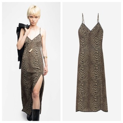 Women Zadig&Voltaire Leopard Print Backless Slit Slip Midi Suspenders Dress XS-L