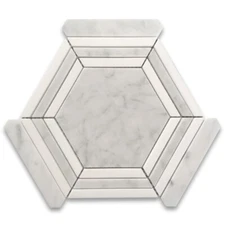 C35EXP Carrara White Marble 5" Hexagon Georama Tile Thassos Strip Polished