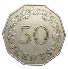 1972 Malta 50 Cents Coin QEII Decagonal Copper Nickel KM#12 Commonwealth