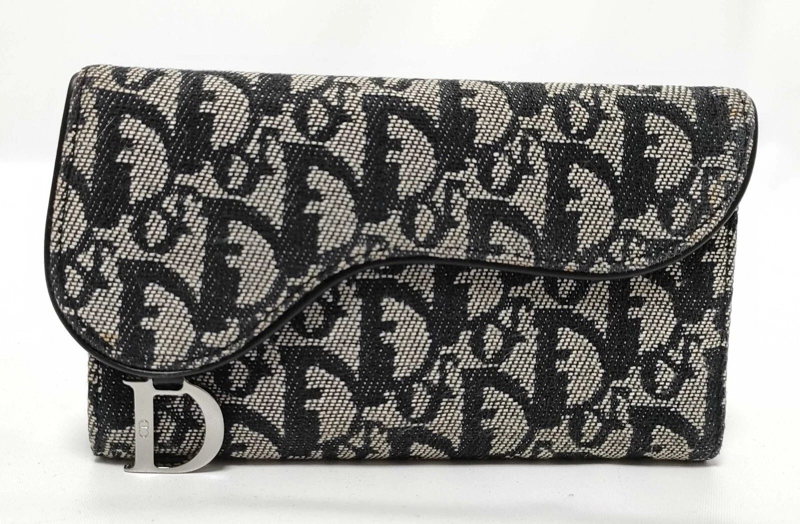 Portefeuille pliant Christian Dior motif trotteur marque logo D cuir bleu marine