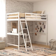 Riley Loft Bed Frame with Desk, Twin Size Wooden Bed Frame with Protective Gu...