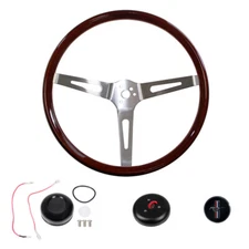 CJ Classics Steering Wheel Kit Walnut Woodgrain 15" 3-Bolt With Black Horn Bu...