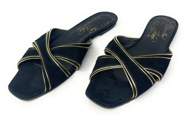 Alejandro Ingelmo Black Metallic Gold Suede Leather Slip On Slides Womens 40 EU — 第 3/4 张图片