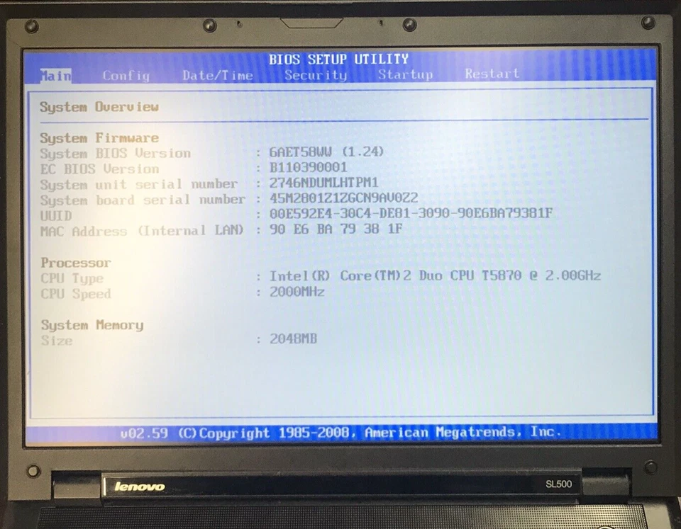 Lenovo ThinkPad SL500 15.6"Laptop 2 Duo T5870 2GB Ram No HDD/OS Boot BIOS H2270 - Image 2 of 4
