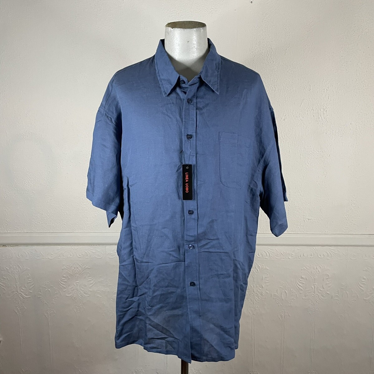 Linea Uomo NWT Shirt Mens 5XL Solid Blue Linen Viscose Short Sleeve Button  Up | eBay