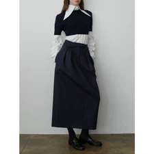 Womens Wool Long Spring/autumn New Casual Pleated High Waist Skirt THE ROW