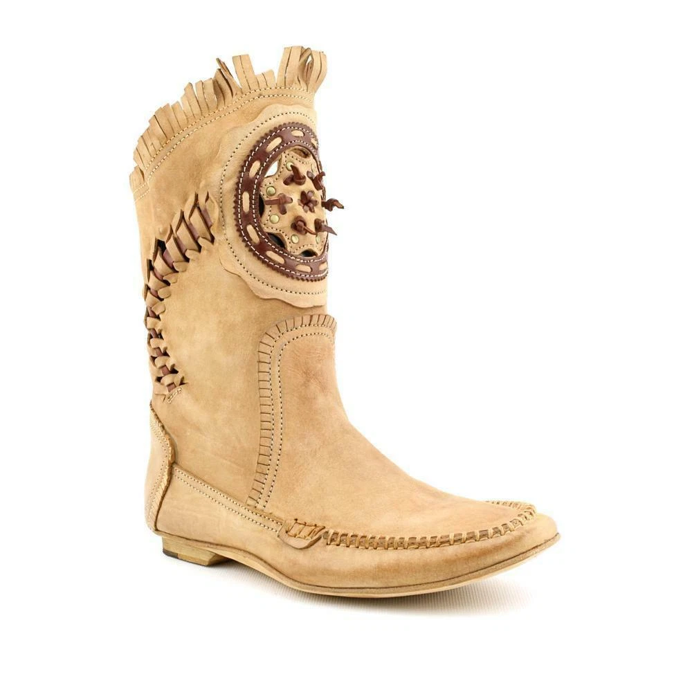 AREA FORTE Italy Beige Natural Leather Mid Calf Italian Flat Boots