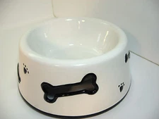 Black & White Embossed Dog  Bowl Dish 7.5"  Stoneware Ceramic