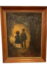 Vintage Signed 'Rosenblat' Oil Painting - Children Walking into Forest Path, 