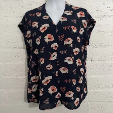 Pleione Womens Top M Blue Floral Short Sleeve Blouse Career Casual AV13