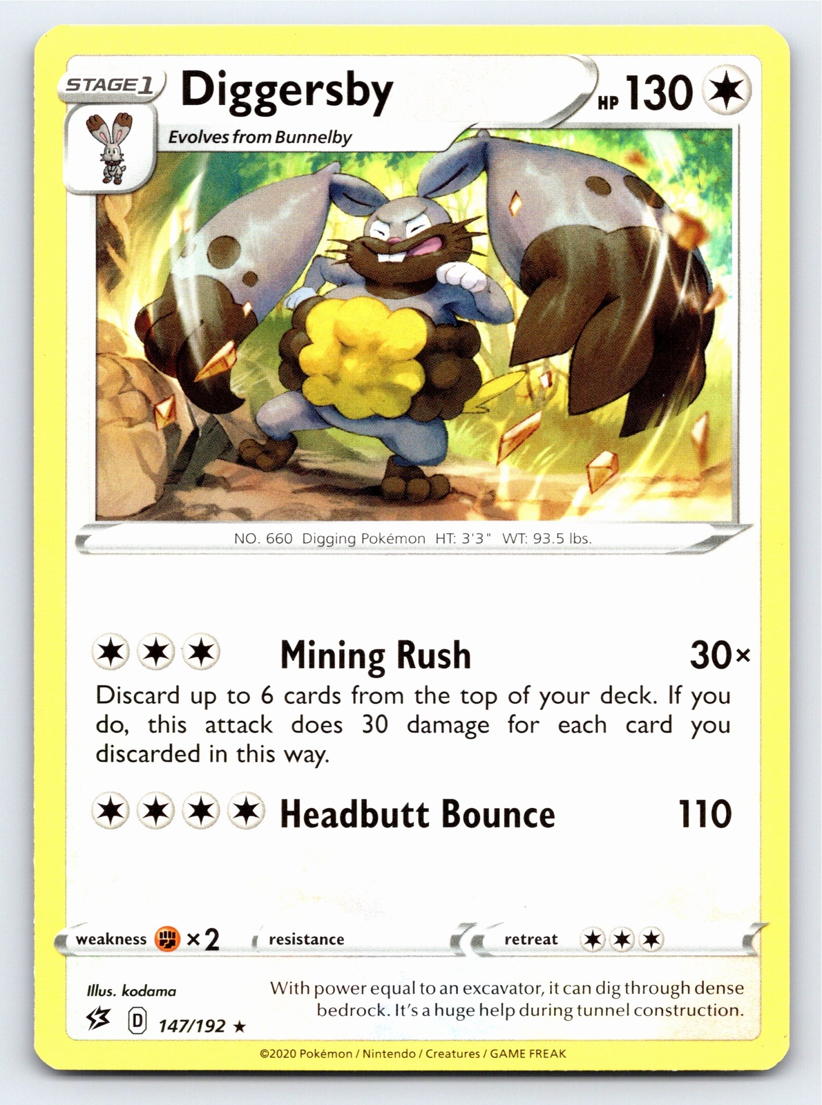 Diggersby 147/192 Rare Rebel Clash Pokemon Card - NM Near Mint
