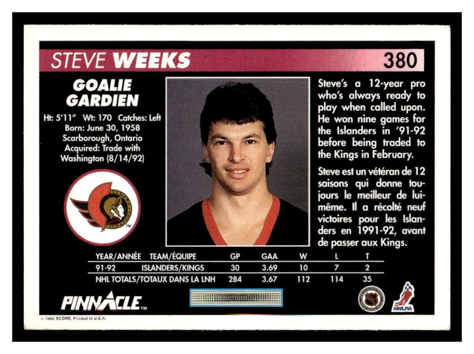 1992 Pinnacle  #380 Steve Weeks - Ottawa Senators - Image 2 of 2
