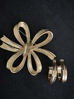 Monet Gold Tone Brushed Bow Pin Brooch And Clip On Earrings - Not A Matched Set — photo 1