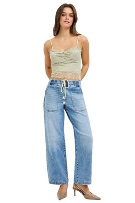 Risen Jeans - Elastic Band Slouchy Cropped Baggy Jeans - PWA21591
