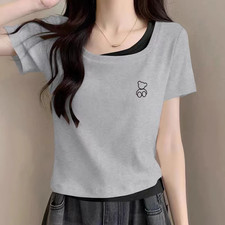 Image of Women's Faux Two-Piece Beige T-Shirt, Korean Style Short Sleeve 100% Cotton