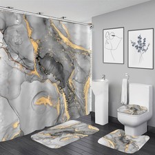 4 Pcs Grey Marble Shower Curtain Set White Modern Abstract Bathroom Sets with...