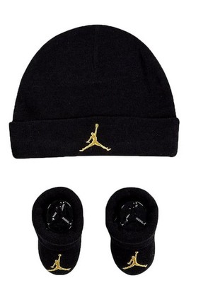 Nike Baby Jordan Hat Booties Set Black Gold 0-6 Month Gift Box New