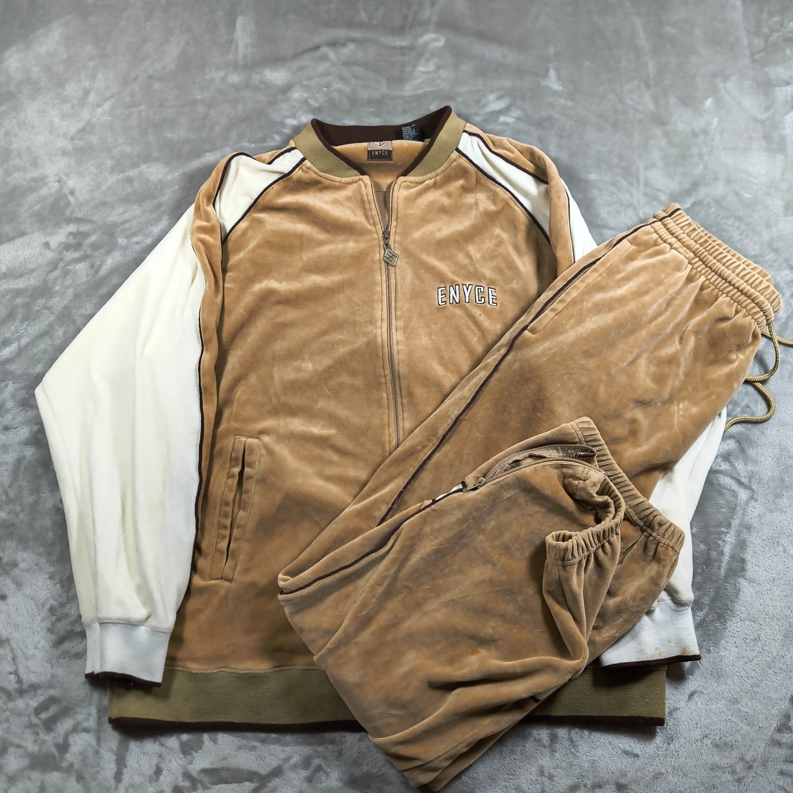 Vintage Enyce Velour Tracksuit Men XL Brown Colorblock Sweatsuit 90s Y2K Hiphop