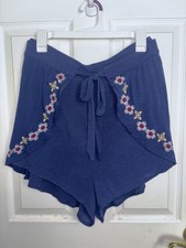 Navy Blue Embroidered Flowy Pull On Shorts XL Boho Festival Beach Hippie