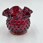 Fenton Round Vase Ruby Red Amberina Glass Hobnail Rose Bowl Ruffled Edge