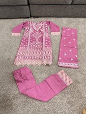 Women  s 3pc Embroidered Salwar Kameez Suit Tunic Pants Dupatta Pink/White Set M