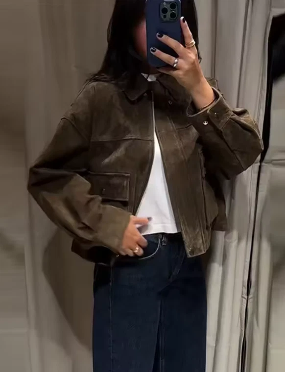 Chaquetas de gamuza vintage con cuello vuelto para mujer de moda manga completa bolsillo en el pecho Foto 2 de 4