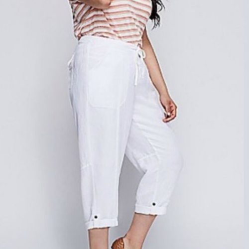 White Linen Cargo Capri Crop Pants 