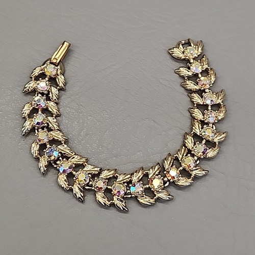 Vintage Rhinestone Bracelet Linked AB Glass Gold Tone Leaves 7.25" - Picture 3 of 15