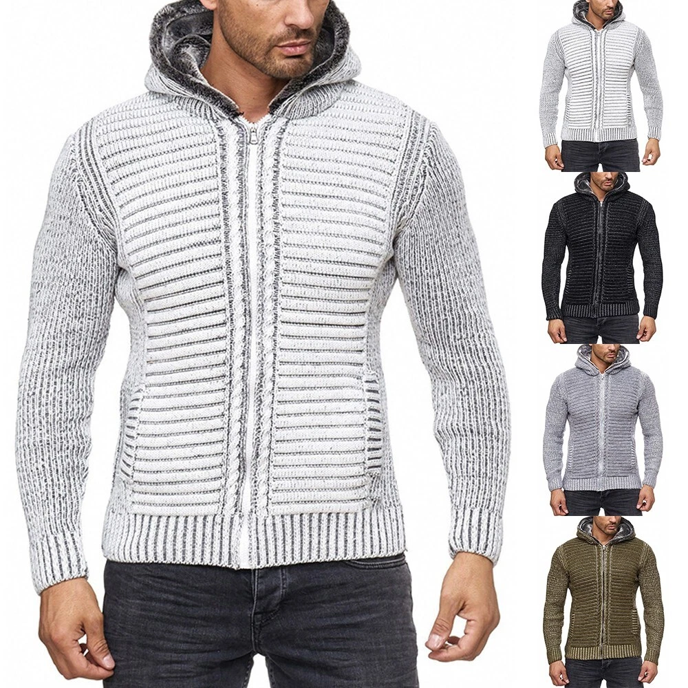 Men Knit Hooded Pocket Zip Sweater Slim Coat Knitwear Casual Loose Jacket  Warm | eBay