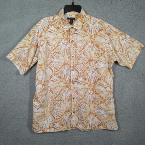 Van Heusen Shirt Mens L 16-16.5 Orange Hawaiian Tribal Washable Linen Button Up