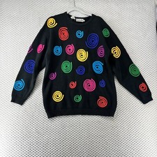 Vintage Rafaella Sweater Women's 80s Colorful Swirls Knit Crew Neck Black Large