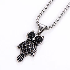 Men Women Luck Bird Owl Necklace Silver Stainless Steel Pendant Box Chain Gift