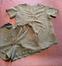 Ekouaer Short Sleeve V Neck Button Up Lounge Set 2 Piece Army Green Sz Small