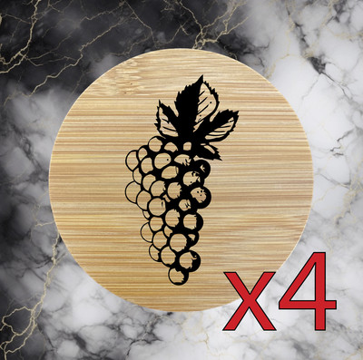 Grapes x4 Bamboo Coasters Drink Natural Wood Home Decor Lounge Fruit Vine NEW