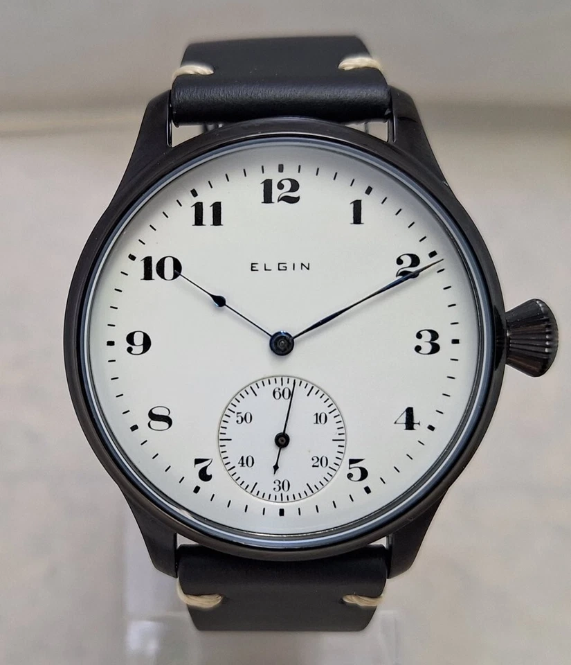 Reloj Bolsillo Elgin 12s Bolsillo Matrimonio Conversión 44mm Negro PVD 1917 Movimiento Foto 3 de 4