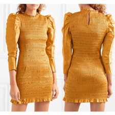 Ulla Johnson Aurele Dress Mustard Shirred Taffeta Mini Dress US 6 / Medium
