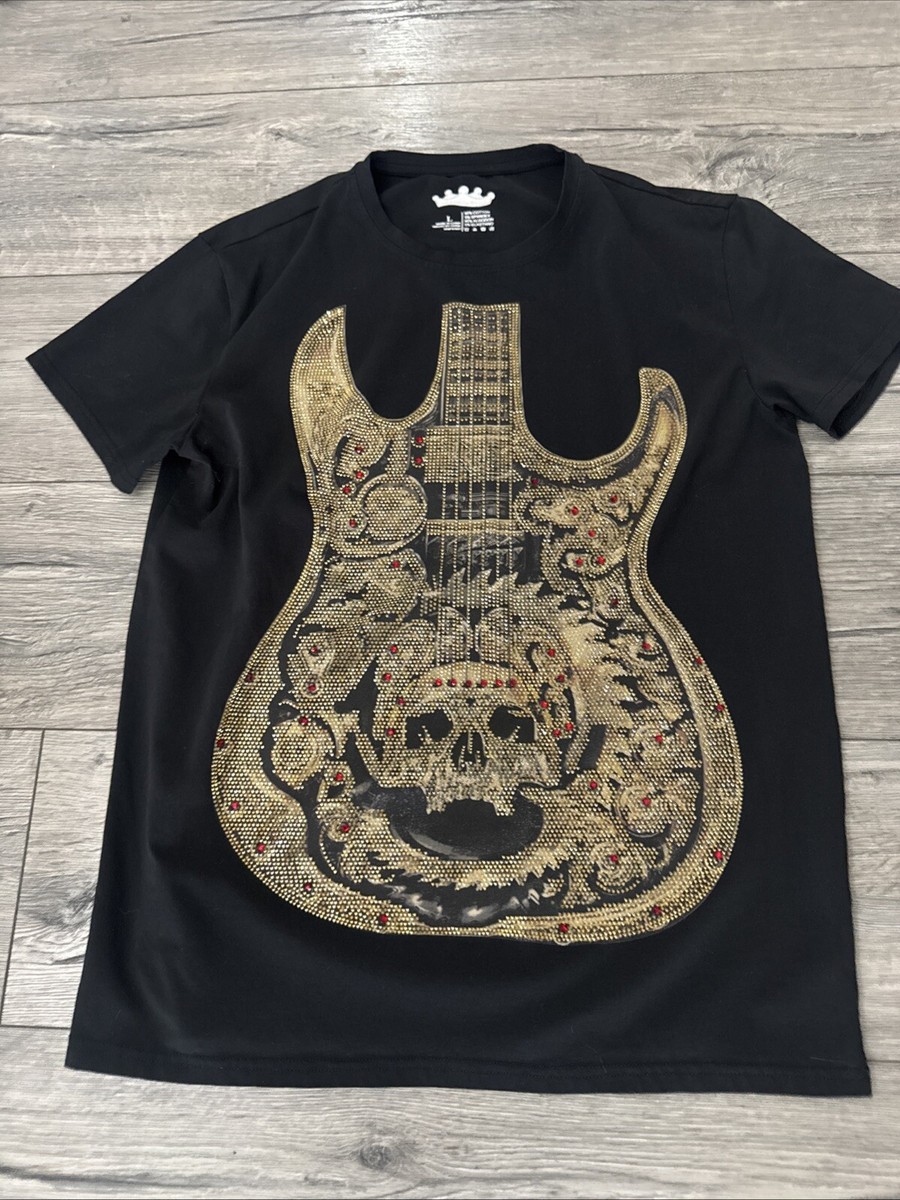 Heads Or Tails Gold And Red Rhinestone Guitar Skull Black T