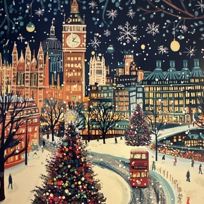 Vtg Christmas Card UNUSED People London England Big Ben Snowing Night Time W/env