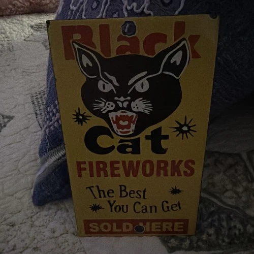 Vintage Black Cat FIREWORKS Porcelain Sign  6 x 3 1/2 inches RARE ITEM Nice! 🎆