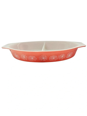 Vintage PYREX Pink Daisy Casserole Divided 1 1/2 Quart Oval Dish No Lid