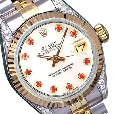 Rolex Datejust Ladies TwoTone Gold Steel White Mother of Pearl Ruby Dial 26mm