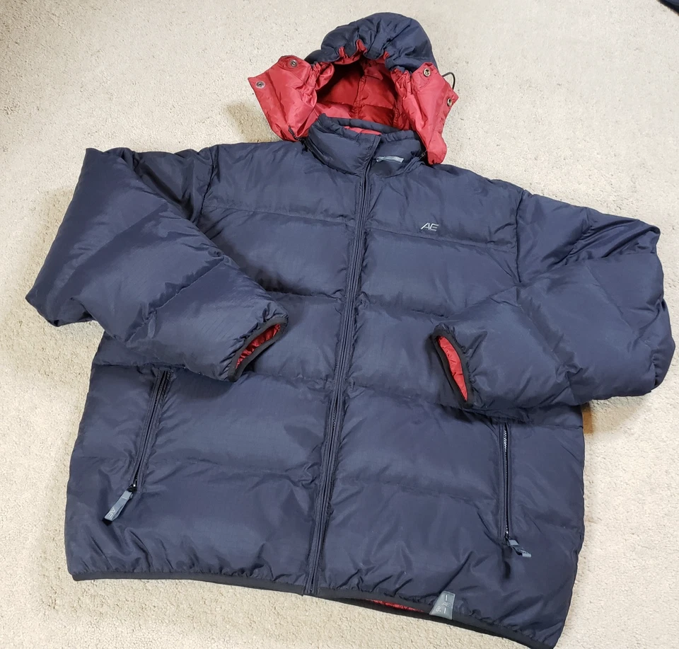 American Eagle AE77 Down Puffer Jacket Men's XL Navy Blue Hooded Full Zip Heavy - Image 2 of 4