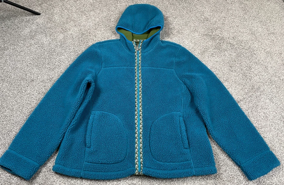 LL Bean Fleece Jacket Womens Large Full Zip Hooded Deep Pile Teal Fuzzy Cozy Top