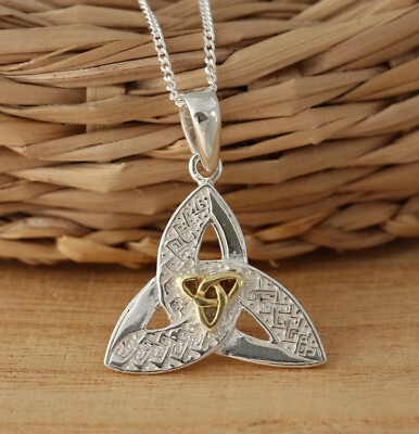 Massiver 925 Sterling Silber keltischer Dreifaltigkeitsknoten Anhänger und Gold Vermeil Triquetra