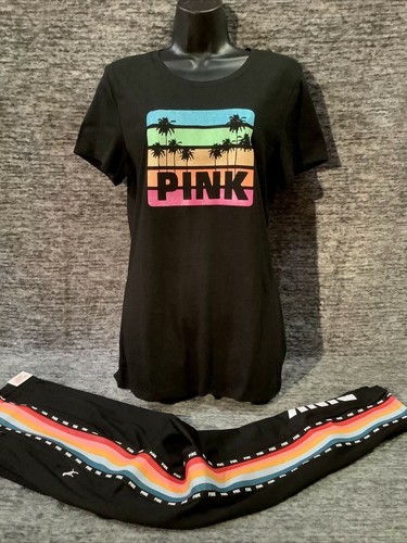 Victoria's Secret Pink Bling Rainbow Tee Shirt + Track Pants Set Black Palm L - Picture 4 of 12