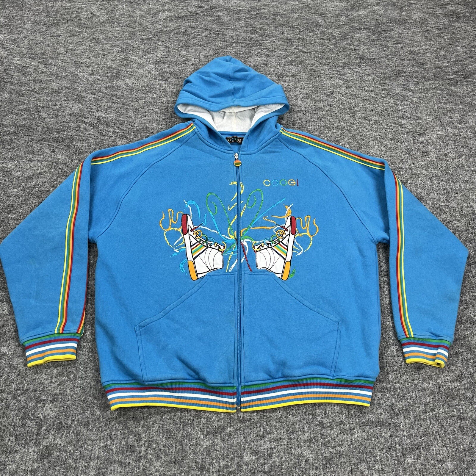 Coogi Hoodie Mens 3XL Blue Hoodie Full Zip Sweater Y2K Sneakers Hip Hop Rap